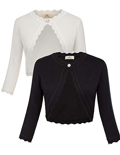 GRACE KARIN Women's Classic 3/4 Sleeve Open Front Knit Cropped Bolero Cardigan (Black+Ivory, Large)