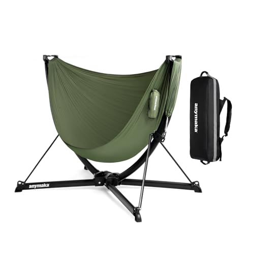 Image of Set Up in 3 Seconds Swing Chair with Stand，Outdoor Indoor Adjustable Portable Aluminum Alloy Hammock Chair (Swing Chair Set Forest Green)