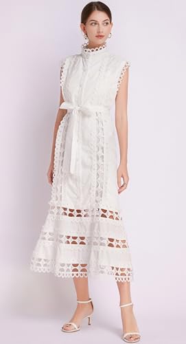 Image of LAI MENG FIVE CATS Women's Sleeveless Hollow Out Lace Button Up Casual Midi Party Dress with Belt
