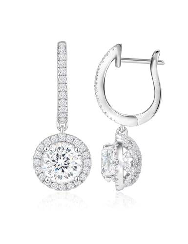 Round Cubic Zirconia Dangle Earrings for Women in White Gold Plated, Cz Halo Design and Half Ball Ear Drops with Paved Simulated Diamond, Lever Back and Sterling Silver Post