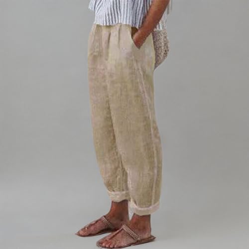 TIAFORD Women's Cotton Linen Floral Printed Pants Casual Elastic Waist Crop Trousers with Pockets3