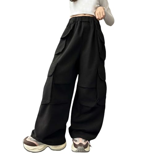 Cargo Pants for Girls Kids Baggy High Elastic Waist Sweatpants Casual Wide Leg Parachute Pants Multi (Black, 7-8 Years)