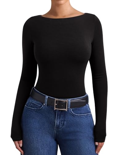 PINKMSTYLE Womens Boat Neck Basic Long Sleeve Tops Slim Fit Business Casual Going Out Top3
