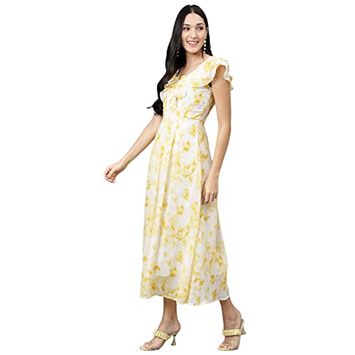 Image of Latin Quarters Women's Yellow Half Sleeve Printed Maxi Dress