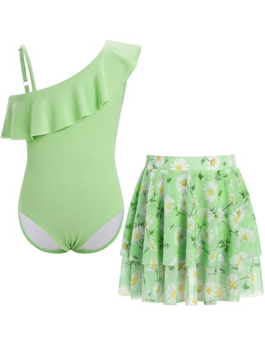 Image of IBTOM CASTLE Girls Swimsuit with Skirt Cover up One Shoulder Straps Ruffle One Piece Bathing Suit Swimwear 5-14Y
