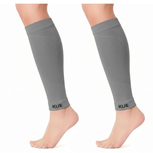 Image of KUE Compression Calf Sleeves for Running, Sports, & Medical Recovery | Graduated Support for Men & Women | Improves Blood Circulation, Reduces Swelling, Pain Relief | UV Protection (Grey, 2 Pairs, L)