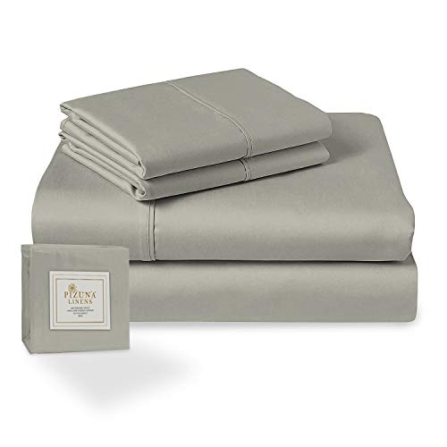 PIZUNA 100% Cotton Single Silver Bed Sheets Set, 400 Thread Count Long Staple Cotton Single Bedding Sets, Sateen Bed Sheets Includes 1 Fitted Sheet, 1 Flat Sheet & 1 Pillowcases (Single Bed Sheets)
