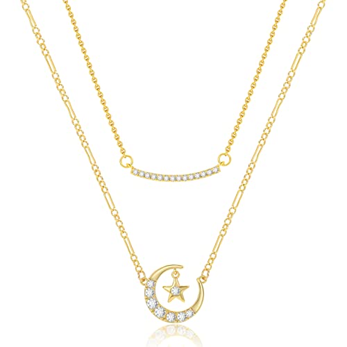 MESOVOR Collier avec Pendentif étoile de Lune en Couches, Collier ras du cou en Plaqué Or 16 Carats avec Barre Délicate pour Femme (Or) Cover