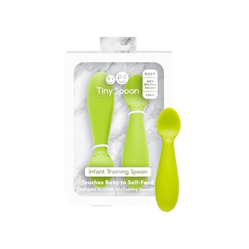 Image of ezpz Tiny Spoon (2 Pack in Lime) - 100% Silicone Baby Spoon for Baby Led Weaning + Purees - 6 months + - Designed by a Pediatric Feeding Specialist - Baby Essentials & Baby Gifts