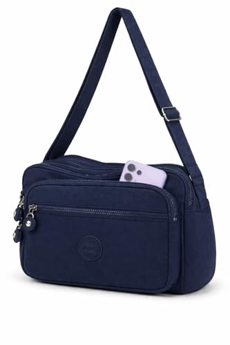 Bolsa Transversal Feminina Impermeável com Múltiplos Bolsos e Alça Ajustável, Bolsa em Poliéster Resistente para Trabalho, Faculdade, Viagem e Dia a Dia (Azul escuro)