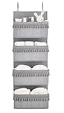 Dahey Over The Door Organizer Boho Nursery Storage Decor Closet Hanging Organizer with Tassels Decoration for Bedroom Nursery Bathroom Apartments Dorm Pantry, 4 Pockets, White and Grey