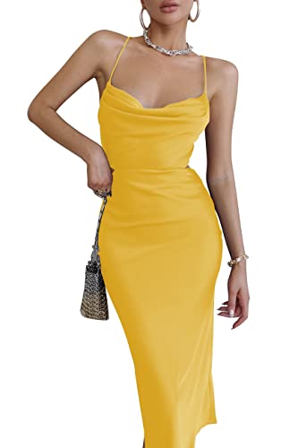 Lyaner Women's Satin Cowl Neck Straps Slip Sexy Cut Out Cocktail Midi Dress Yellow Medium #TOP2
