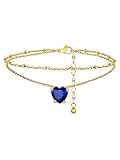 FindChic Gold Ankle Bracelets for Women Layered Heart Sapphire September Birthstone Plus Size Anklets Summer Jewelry Gift for Her