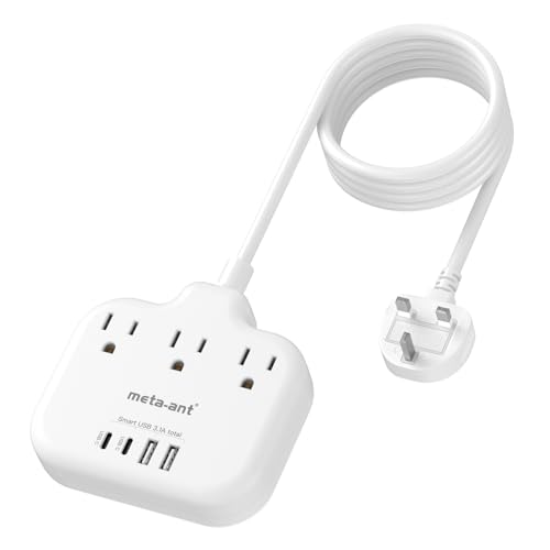 Adaptador de viaje tipo G UK para viajes, meta-ant de Estados Unidos a Reino Unido con cable de extensión de 5 pies, 3 tomacorrientes 4 USB (2 USB-C), adaptador de enchufe de viaje para Reino Unido a
