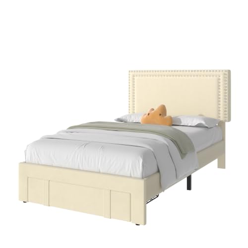 Image of VECELO Twin Size Upholstered Bed Frame with Storage Drawer, Adjustable Velvet Rivet Decor Headboard, Wooden Slats Platform Support, No Box Spring Needed, Easy Assembly,Beige