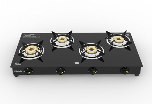 Image of Butterfly Alpha Max 4 Burner Glass Top Gas Stove | Removable Drip Tray | Brass Burner Gas Stove with Tri‑Flow Jumbo Burner| 5 Years Warranty