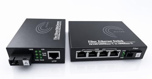 Image of Elfcam - Pack of 2 Gigabit Ethernet LWL Media Converter 10 /100 /1000 Mbps Including Mini-GBIC (SFP) for Connecting LWL SM Cables with SC Connectors 20Kkm,(1 RJ45 Port *4 RJ45 Ports)