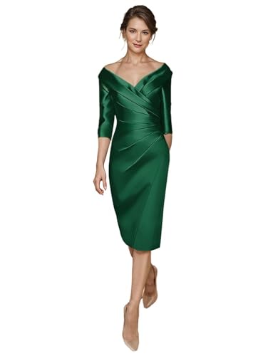 Elegant Sheath Or Column Mother of The Bride Dress V-Neck Knee Length Half Sleeve Pleats Evening Dress 2025