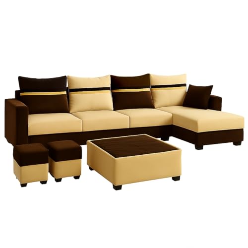 Image of CASASTYLE Wallis 8 Seater Fabric RHS L Shape Sofa Set with 1 Centre Table & 2 Puffy (Cream- Brown) | Velvet Finish | Comfortable Sectional Sofa for Living Room