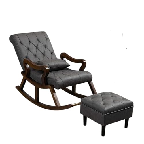 Image of CRAFTCITY Sheesham Wood Elegant Chair with Pillow and Matching Foot Stool /Living Room Chair /Rose Wood Rocking Chair,Pre-Assembled (Swed Grey, Rocking Chair with Ottoman)