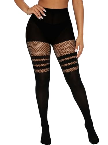 Image of Sexy Faux Thigh High Tights Mock Suspender Pantyhose Fishnet Stockings Striped Goth Fishnets for Women