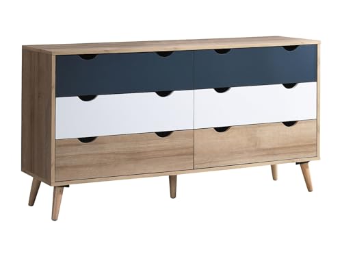 Vente-unique - Commode 6 tiroirs - Coloris : Naturel, Blanc et Bleu Marine - LURVIA