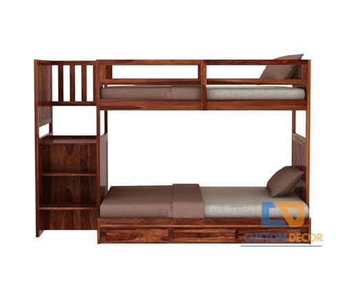 Image of Custom Decor Sheesham Wood Bunk Bed | Wooden Double Bed Bed Furniture for Bedroom | Living Room | Home (Spring-N)