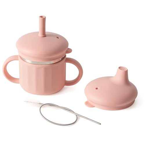 SELECTSHEN Stainless Steel Sippy Cup for Toddlers 1-3 Baby Sippy Cup with Straw & Spout Spill-Proof Leak-Resistant Kids Cup with Handles Silicone Sleeve BPA-Free Dishwasher Safe (Training Cup)
