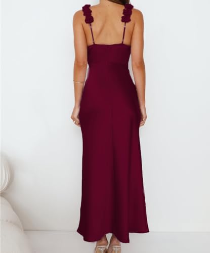 Image of Phicia Summer Satin Spaghetti Strap V Neck Midi Dresses for Women Wedding Guest Elegant Flower Backless Cocktail Formal Dress