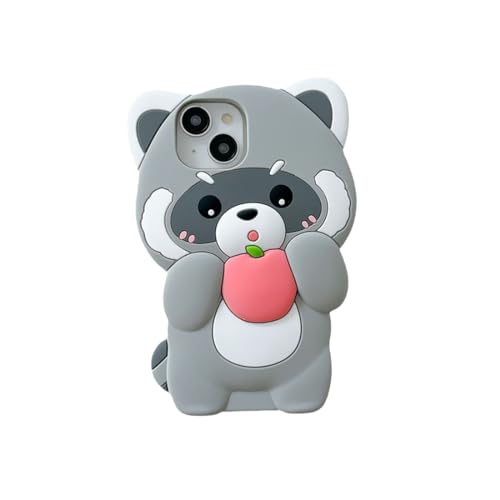 SGVAHY Funda protectora para iPhone 13, diseño de mapache 3D de dibujos animados Kawaii, color gris, de silicona suave, a prueba de golpes, para niños y niñas