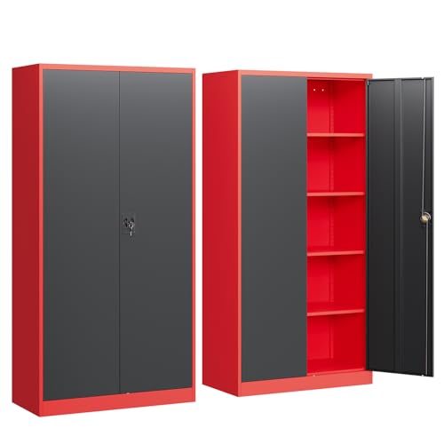 Image of Yizosh Metal Garage Storage Cabinet with Lock Doors and 4 Shelves,-72 inch Steel Heavy Duty Tool Cabinet for Garage, Office,School (Red Black)