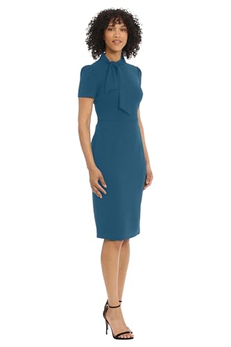 Maggy London Women's Midi Short Sleeve Sheath with Neck Tie Career Office Work Wear, Deep Lagoon2