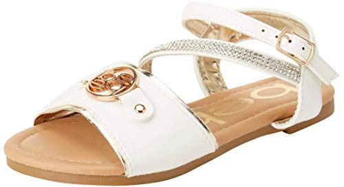 bebe Girls  Sandals - Strappy Rhinestone Studded Leatherette Sandals with Medallion (Little Kid Big Kid), Size 13, White