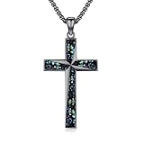 REDSUN Cadena de cruz de madera S925, plata de ley grande, colgante de ébano, amuleto protector para hombres, mujeres, 22 + 2 pulgadas, cadena de acero inoxidable, 40*24mm, Plata esterlina, Abalone