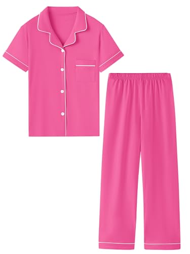QZH.DUAO ガールズ&レディース 綿100% 半袖&ロングパンツ パジャマセット、2ピース、5歳 - L, ホットピンク, 7-8 Yearsの商品画像（Amazon）