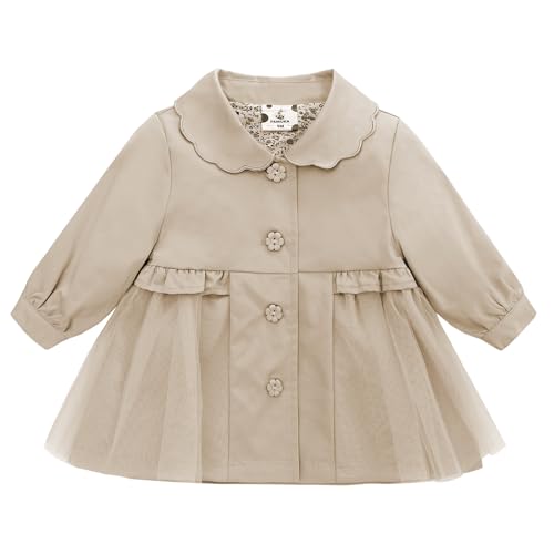 Image of famuka Baby Girl Trench Coat Dress Toddlers Spring Fall Button Down Jacket with Tulle (US, Age, 12 Months, Khaki)