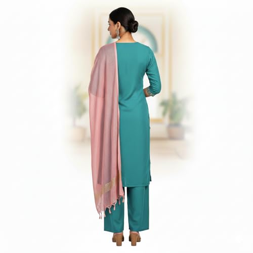 Image of Women Rayon Embroidered Kurta with Pant and Dupatta Set