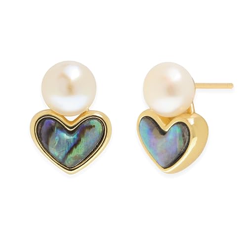 Jean Beau Gold Pearl Abalone Heart Stud Earrings for Women, Dainty 14k Gold Plated Hypoallergenic Earring Fashion Prom Outfit Accessories Jewelry Gift