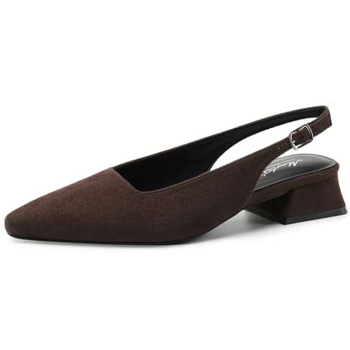 Mostrin Dark Brown Suede Slingback Heels for Women Block Chunky Low Heel Pumps Closed Toe Dress Shoes for Casual Work Office Daily Wedding