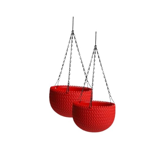 Image of EcoEverGreen Set of 2 Plastic Hanging Planters with Chain| Round Flower Pots for Indoor & Outdoor Gardening | Lightweight & Durable Decorative Hanging Baskets for Balcony, Garden (Red, 7INCH)