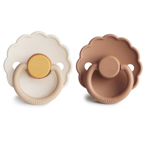 Image of FRIGG Daisy Natural Rubber Baby Pacifier | Made in Denmark | BPA-Free (Chamomile /Peach Bronze, 6-18 Months) 2-Pack