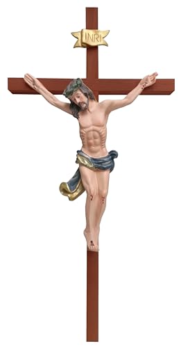 Kaltner Präsente Geschenkidee – Holzkreuz Wandkreuz Kruzifix aus Echtholz Buche Kreuz Nussbaum mit Jesus Christus Figur aus Kunststein handbemalt (Höhe 50 cm)