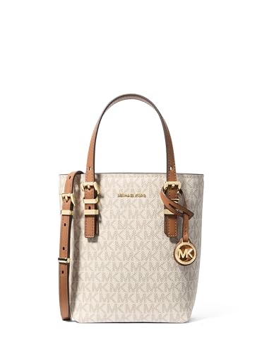 Michael Kors Quinn Bolsa tiracolo extra pequena, ferragens douradas/sarja revestida com assinatura MK/baunilha/bolota