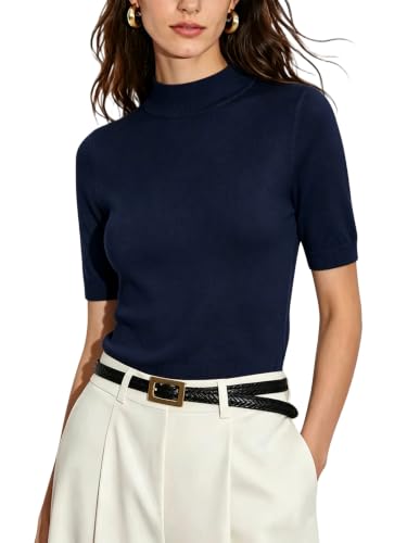 Image of Short Sleeve Mock Neck Turtleneck Sweater Tops Knit T Shirts Capsule Wardrobe Essentials