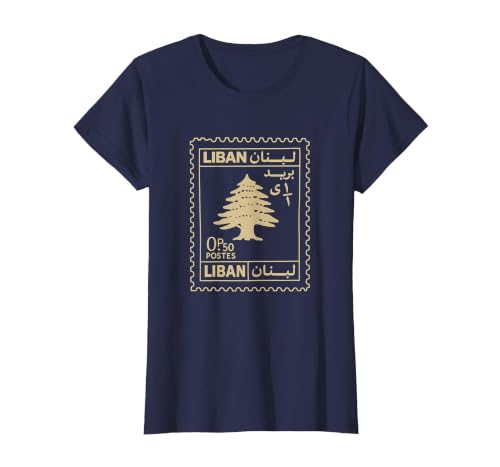 Lebanon Post Stamp Design Featuring Liban Cedar and Lebanese T-Shirt, Women, Navy Blue, 3X-Large