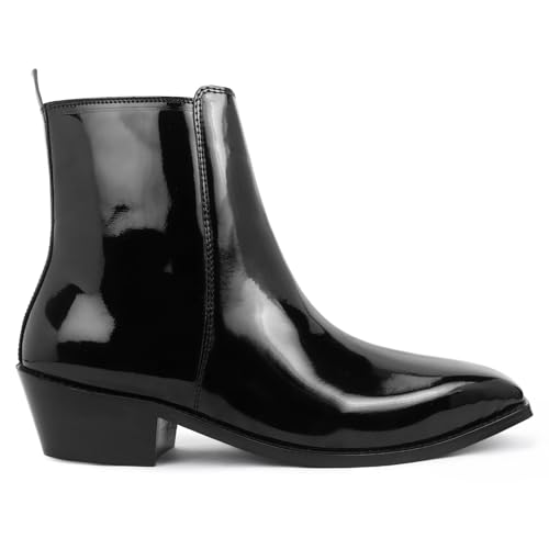 Image of LOZANO Italian Cut Black Patent Leather Chelsea Boots for Men | High Ankle Cuban Heel Square Toe Zip Closure Cushioned Insole Boot