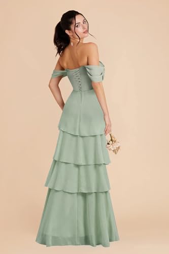 Off Shoulder Chiffon Bridesmaid Dresses Long for Women Tiered Ruffles A Line Formal Evening Dress2