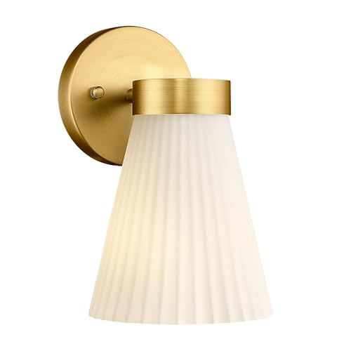 Image of Gold Wall Sconce, HWH Single Wall Light Fixture Brushed Gold Wall Lamp with Frosted Milk White Striped Glass Shade, Modern Indoor Wall Sconce for Kitchen Bedroom Schoolhouse, 5HZG97B BG