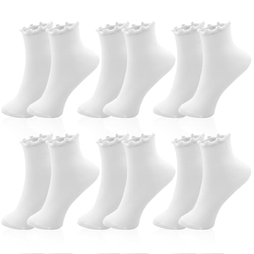 ZOCONE 6 Paires Chaussettes Blanches Femme Tricotées Chaussette à Volants, Chaussettes en Dentelle de Coton en Décontractées de Couleur Solide, Socquettes Blanches femme