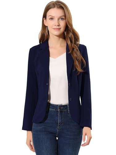 Allegra K Women's Work Office Blazer Stretch Lapel Collar Long Sleeve Jacket Suit Blazer Medium Navy Blue